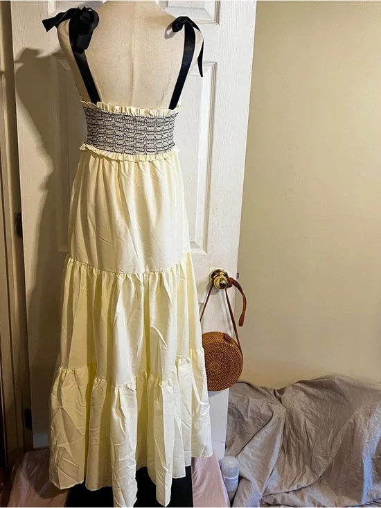 Amazon Smocked Tiered Ruffle Tie Shoulder Festival Cottagecore Peasant Dress S - Picture 6 of 11